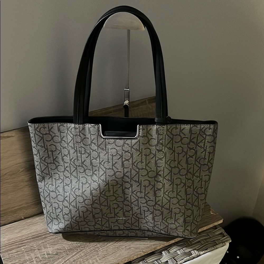 Calvin Klein Gray and Black Tote Bag with Monogram Pattern